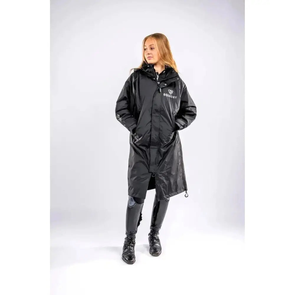 Black equidry equimac waterproof riding jacket with hood mesh lining taped seams and front zipper with equory logo