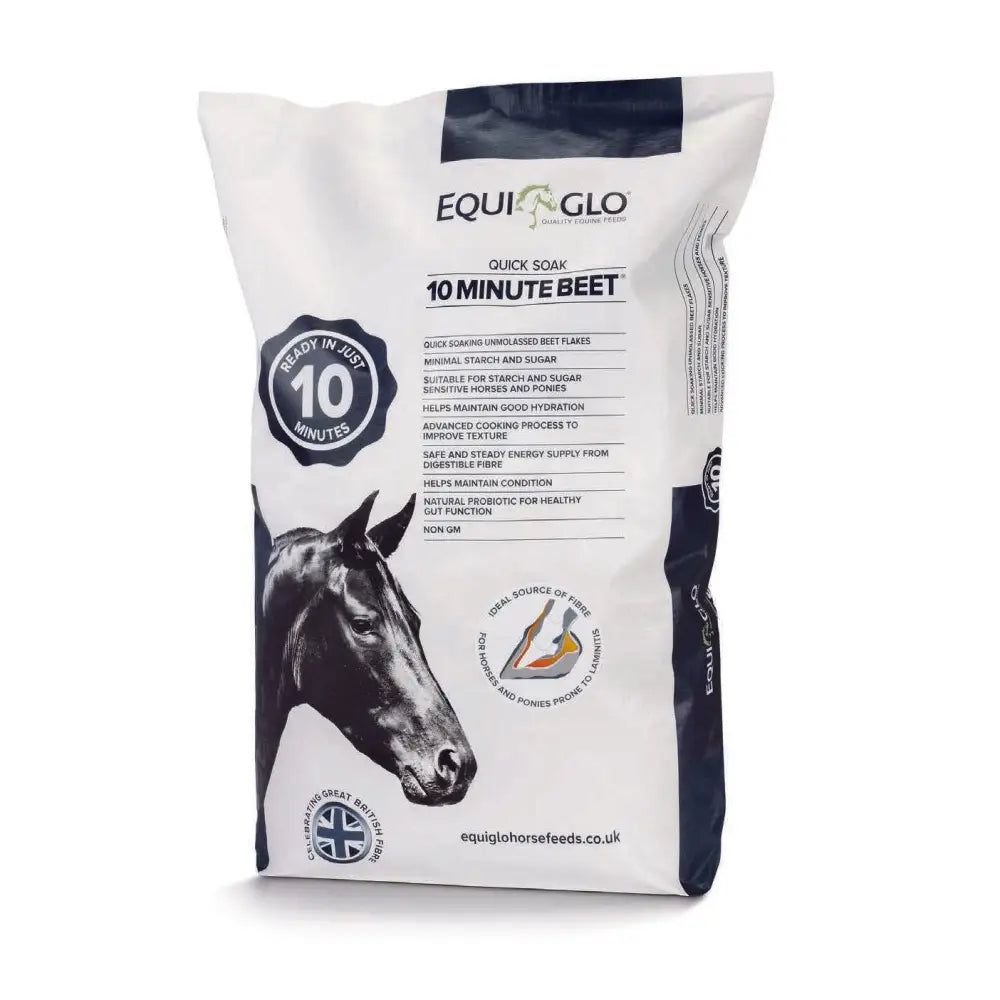 White and navy blue equiglo quick soak 10 minute beet horse feed bag with micronized sugar beet and natural probiotic