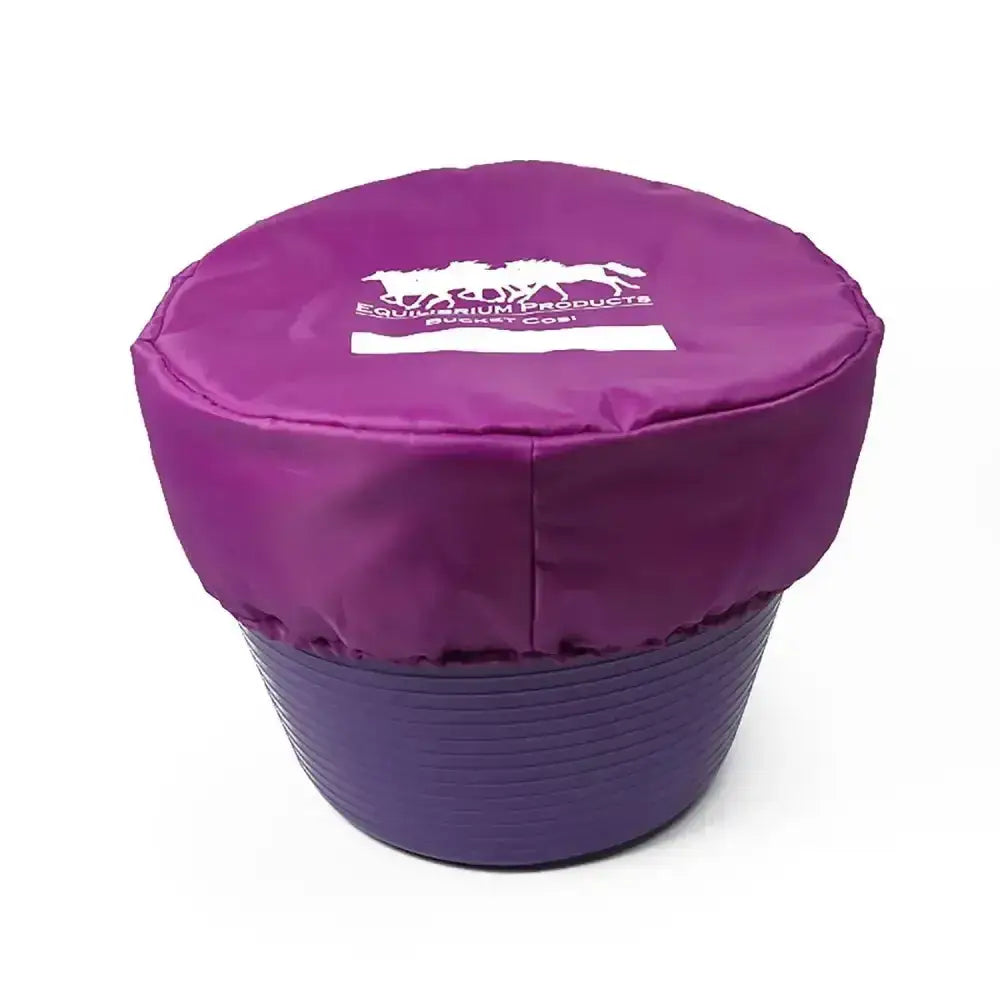 Purple insulated waterproof cover equilibrium bucket cosi with white horse logo to prevent horse feed spoilage