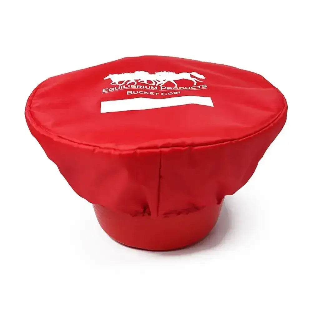 Red fabric covered equilibrium bucket cosi with white horse logo insulated waterproof cover to prevent horse feed spoilage
