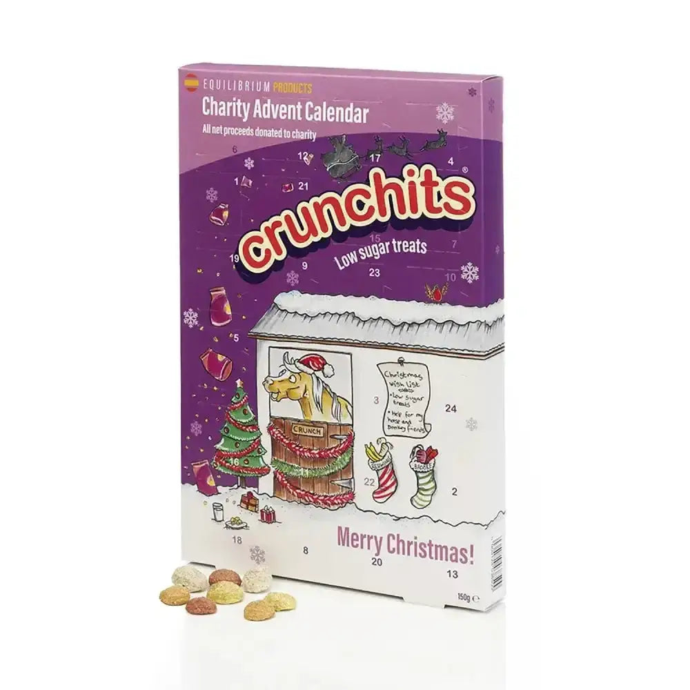 Purple and white equilibrium crunchits charity advent calendar featuring festive stable scene with horse and christmas tree