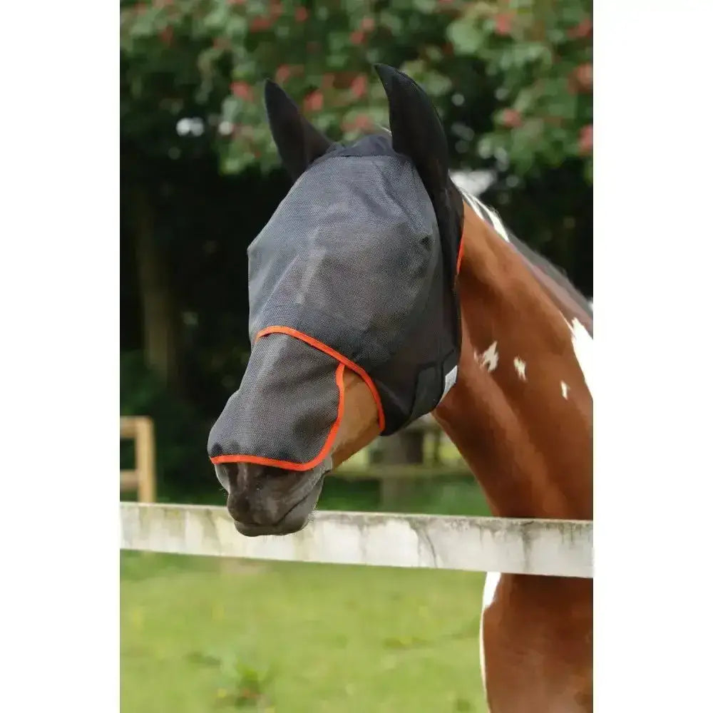 Black mesh equilibrium field relief maxi fly mask with orange trim designed for field relief and insect protection