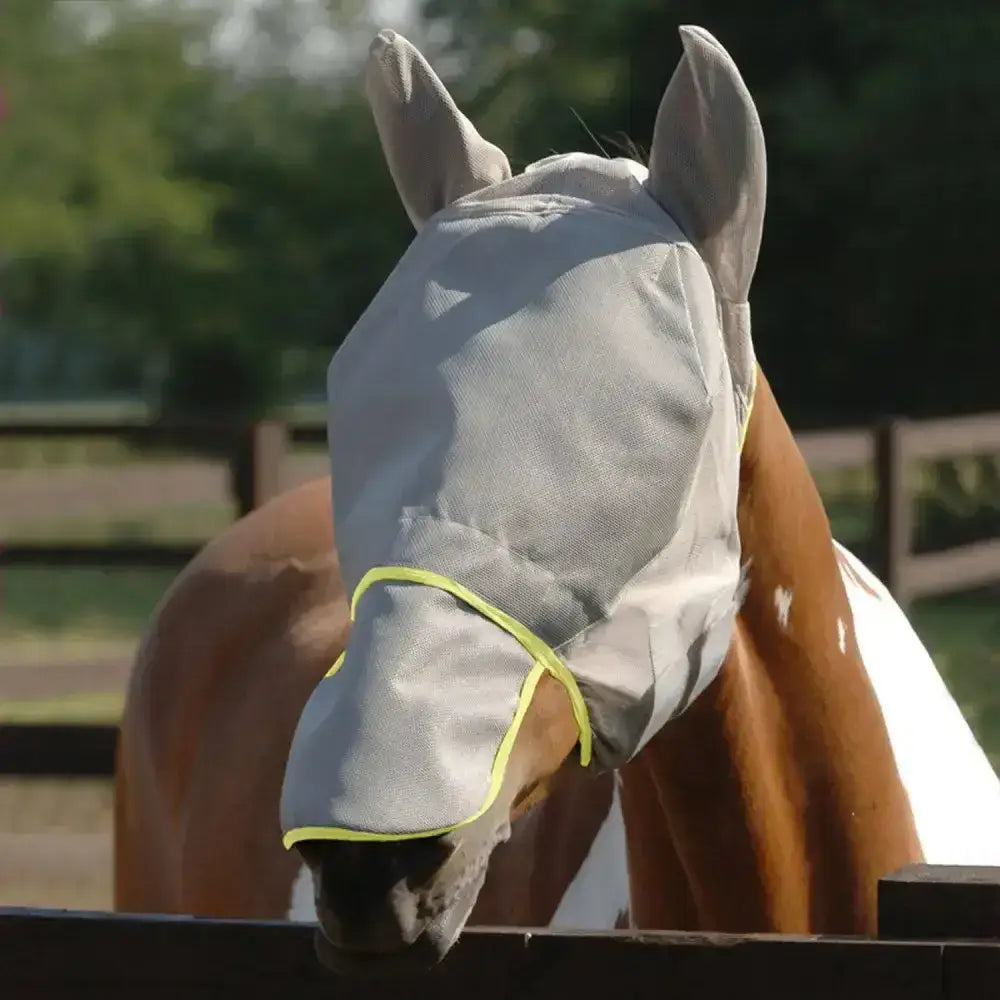 Light gray mesh equilibrium field relief maxi fly mask with bright yellow trim for horse fly protection