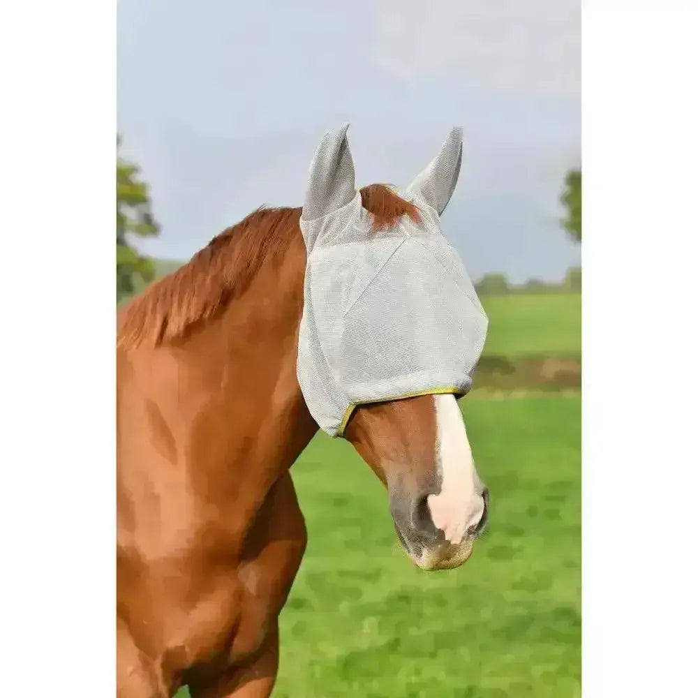 Equilibrium field relief midi fly mesh mask in light gray with yellow trim and reinforced ear flaps for horse protection