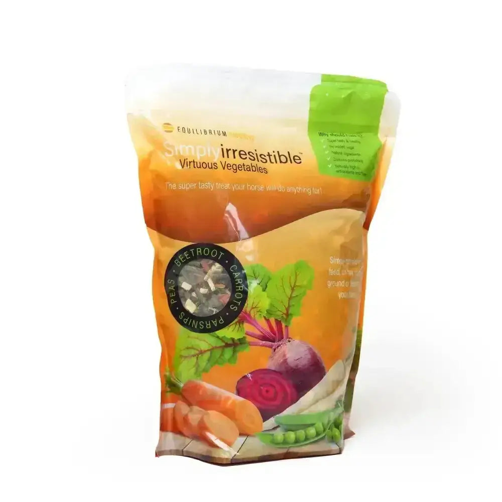 A vibrant orange and green equilibrium simply irresistible virtuous vegetable horse treats bag showing beetroots carrots peas and parsnips