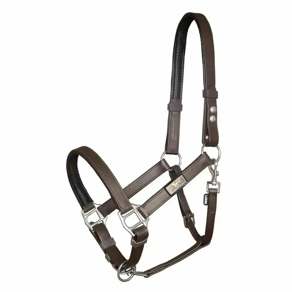 Brown leather equilibrium stella head collar with silver hardware and small brand tag designed as a field safe head collar