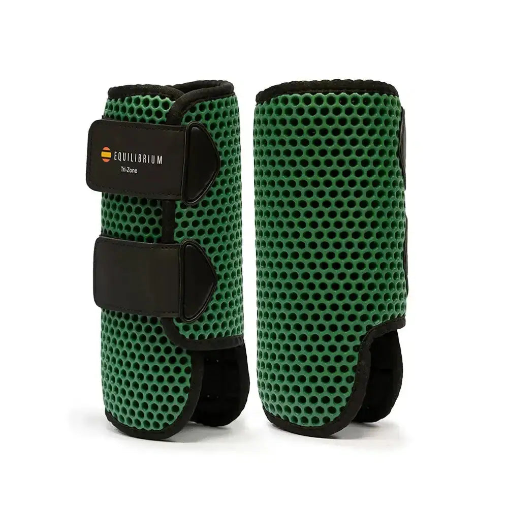 Green perforated equilibrium tri-zone sports boots hunter leg guards with black straps and branded label