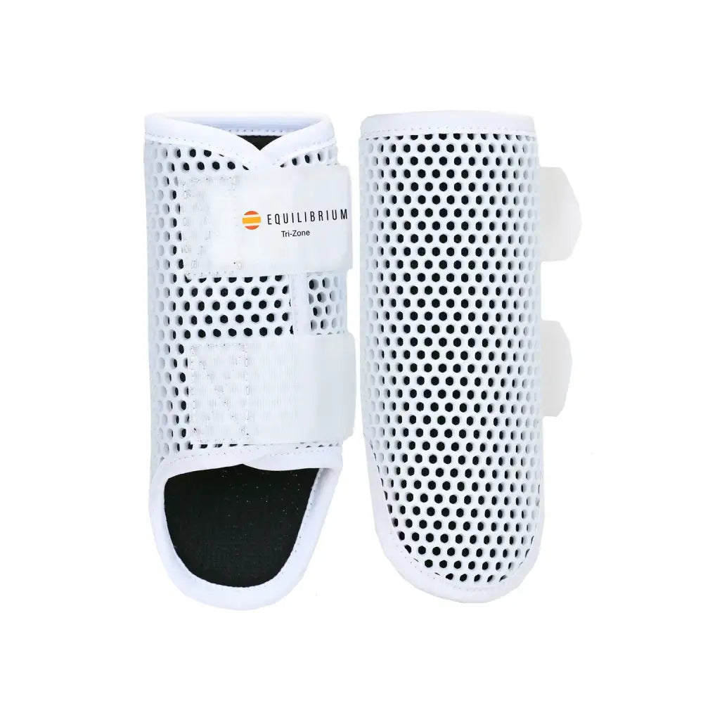 White equilibrium tri-zone brushing boots with perforated mesh design and black interior lining boot scientifically tested