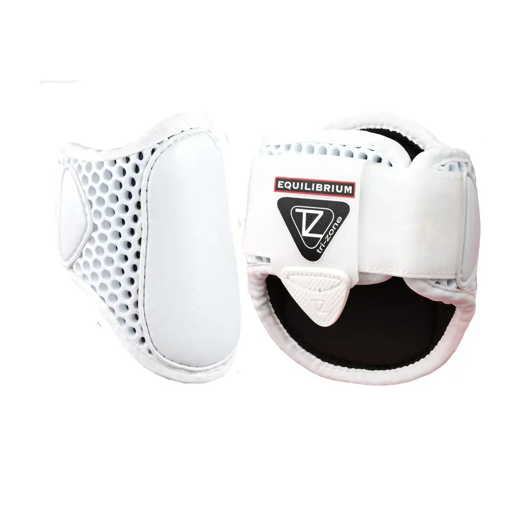 White equilibrium tri-zone fetlock protective boot with perforated mesh and black padding super lightweight design