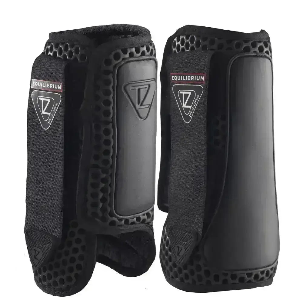 Black equilibrium tri-zone impact sports boots front with honeycomb mesh and padded cross country horse leg wraps