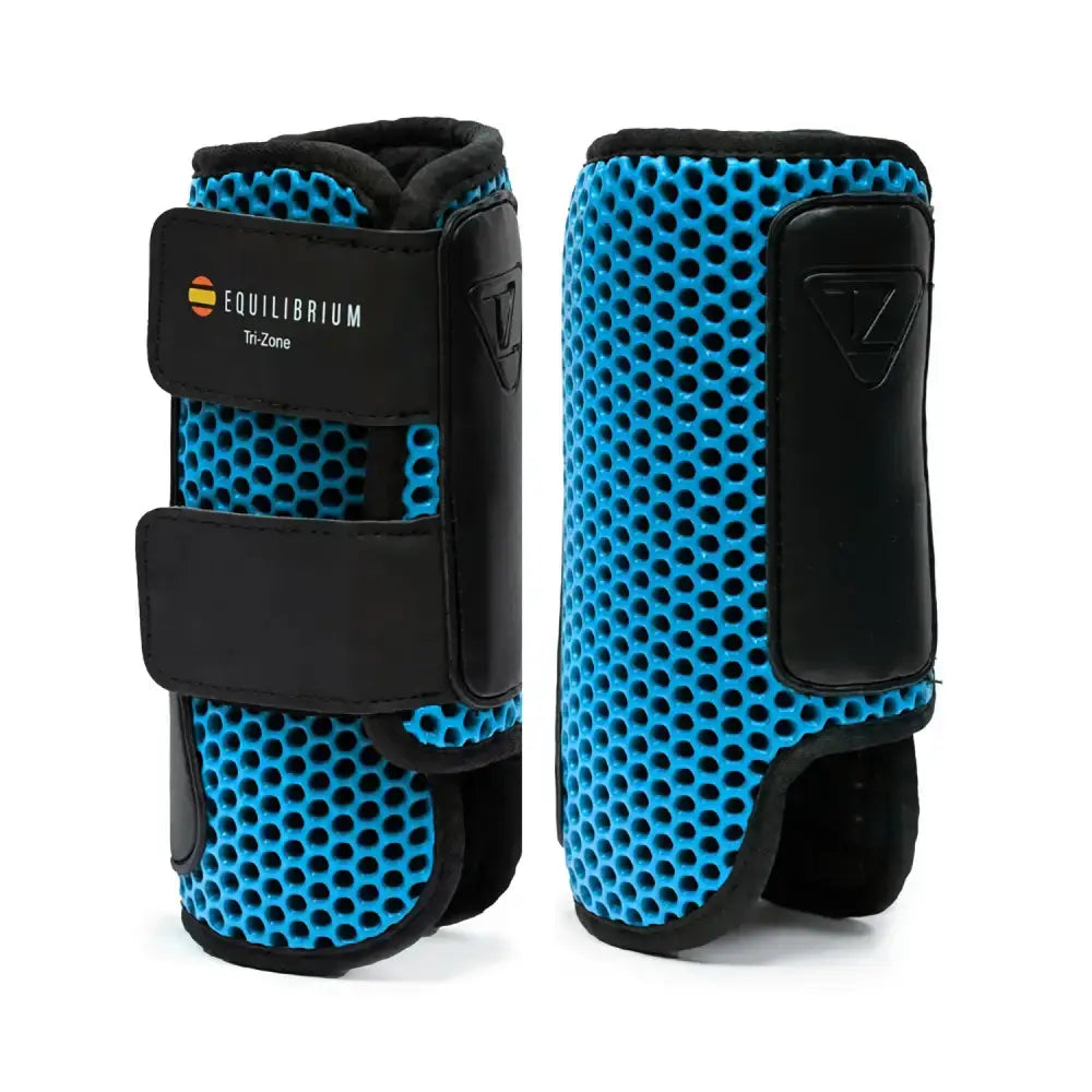 Blue and black equilibrium tri-zone impact sports boots with perforated mesh design for cross country use