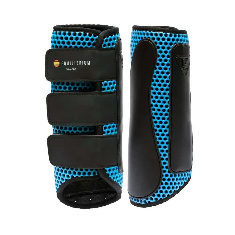 Blue perforated mesh equilibrium tri-zone impact sports boots with black adjustable straps and logo patch