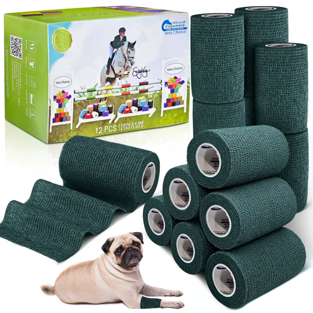 Green textured elastic bandage rolls in a 12-piece package of equimed 10cm vetwrap by vets choice