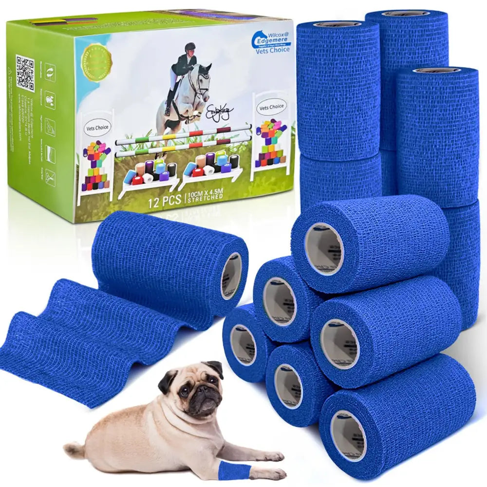 Equimed 10cm vetwrap 12 pack of blue textured elastic wrap rolls for veterinary use and support