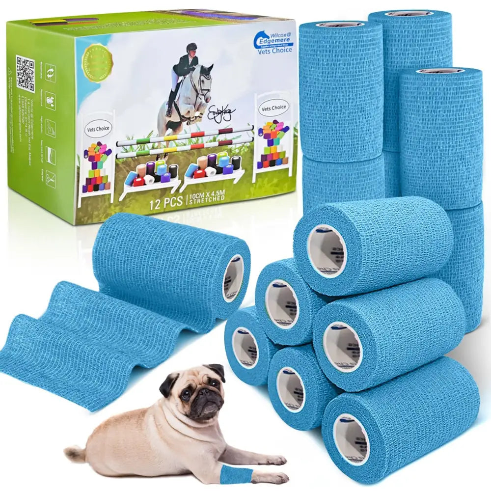 Blue stretchy woven fabric bandage rolls 12 pack by vets choice equimed 10cm vetwrap for pet care