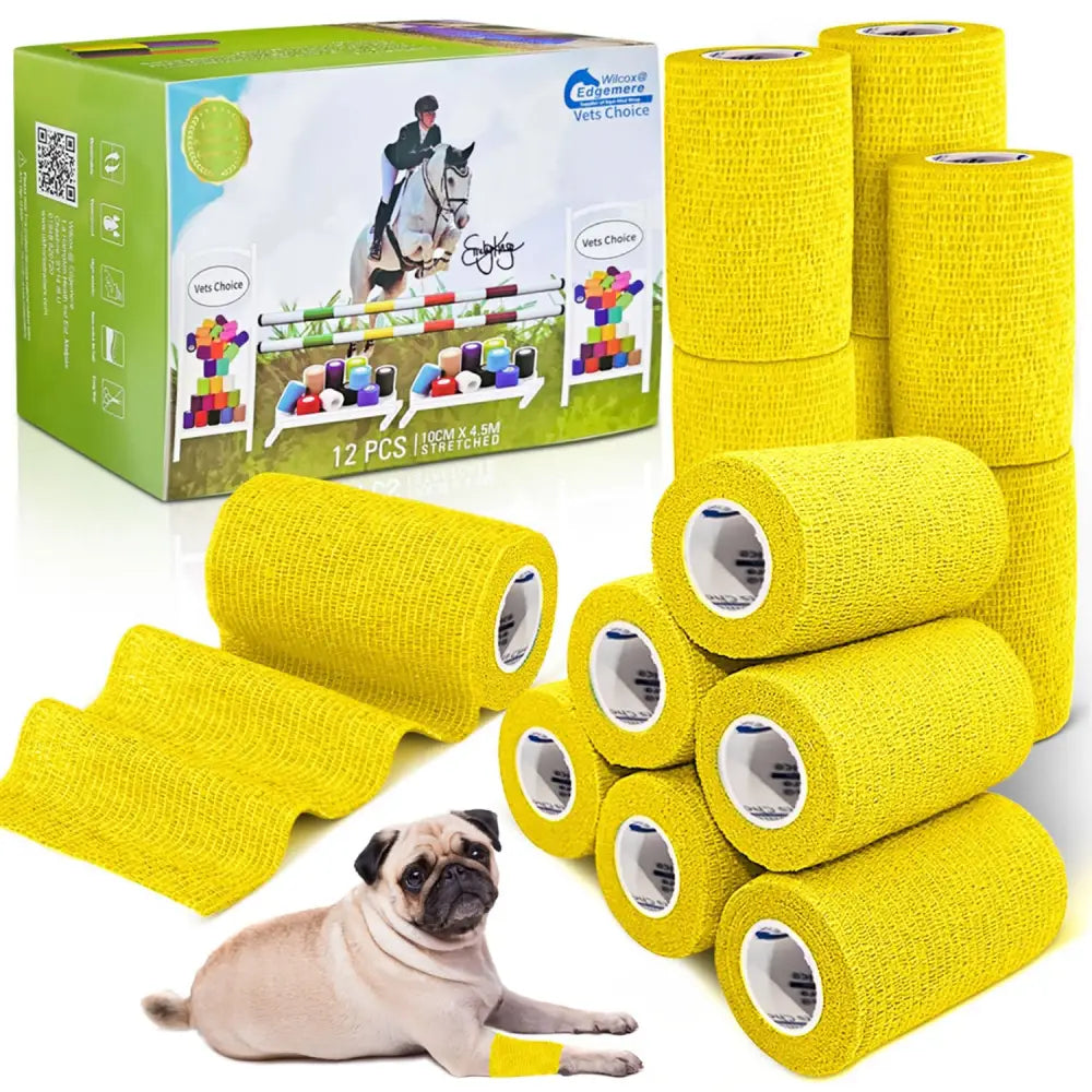 Bright yellow textured elastic wrap rolls of equimed 10cm vetwrap for pets and equestrian use in a 12-pack