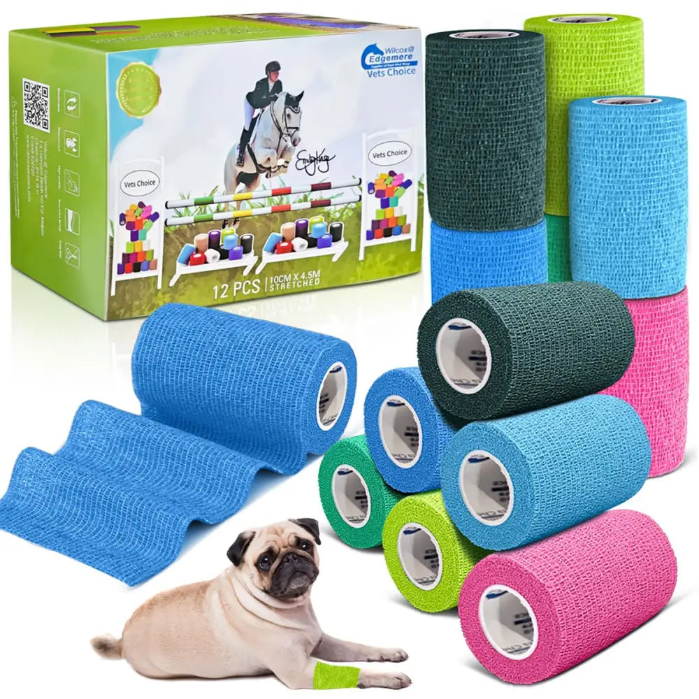 Brightly colored textured equimed 10cm vetwrap elastic bandages in blue green pink and teal with equestrian branded box