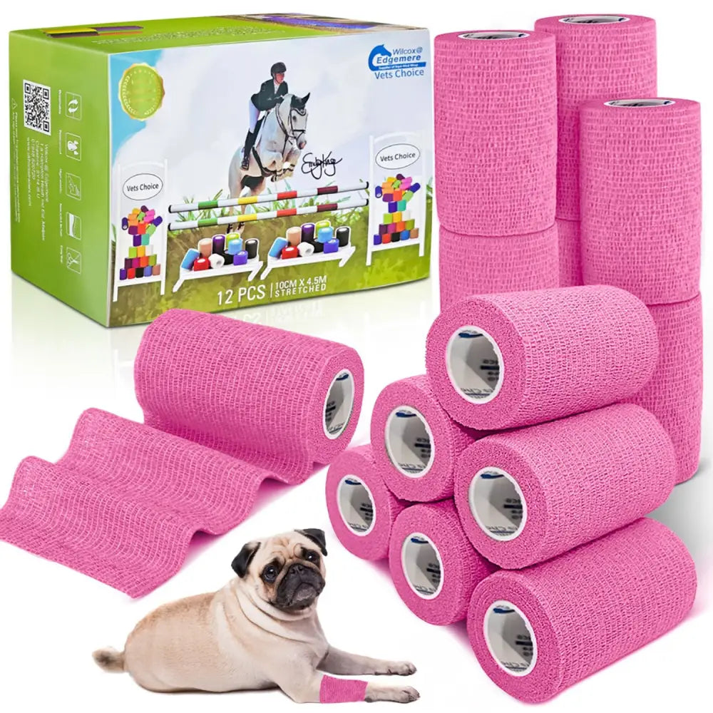Bright pink textured elastic equimed 10cm vetwrap rolls in a 12-pack by wilcox and euphemera vets choice box
