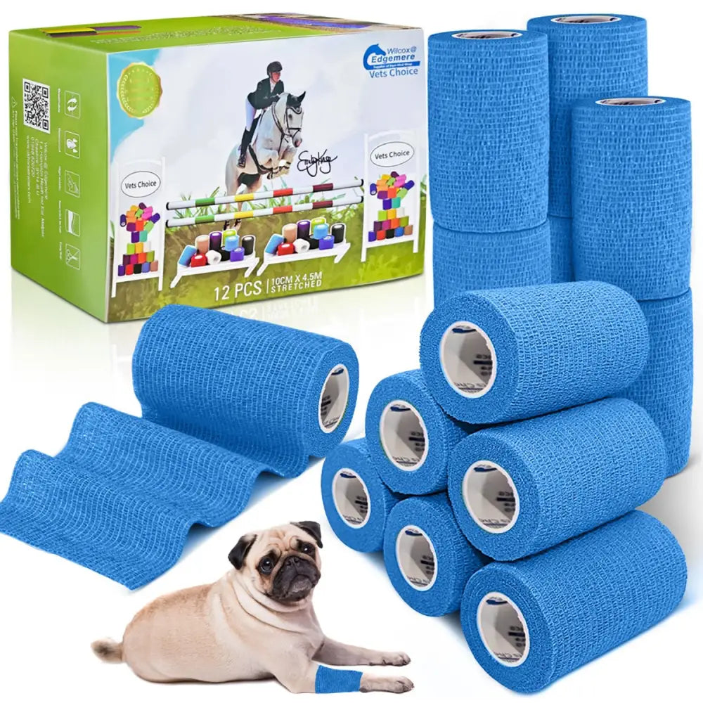 Blue stretchy textured adhesive bandages in a 12 pack box labeled vets choice equimed 10cm vetwrap for pets