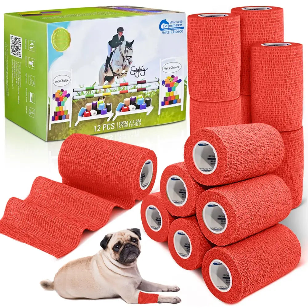Bright orange textured elastic wrap rolls for pets and equestrian use equimed 10cm vetwrap 12 wraps