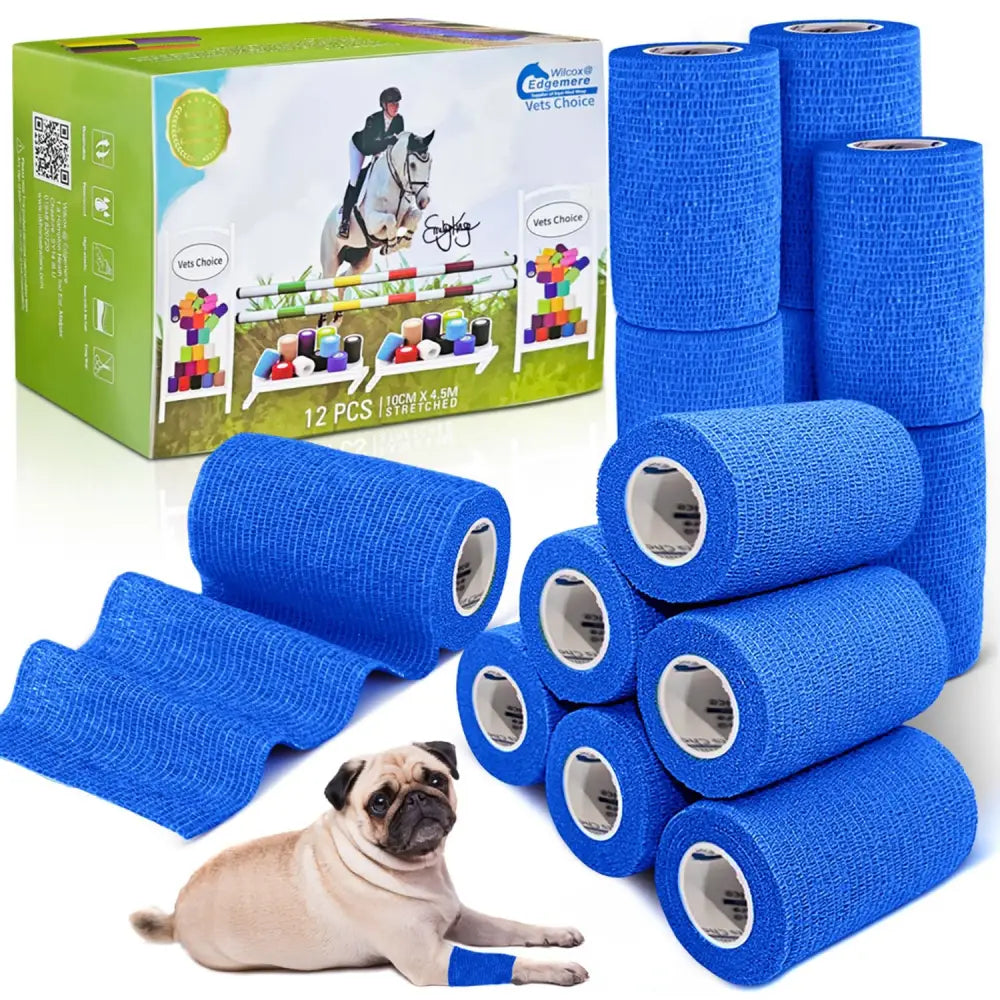 Equimed 10cm vetwrap blue textured elastic wrap rolls for pets and equestrian use 12 wraps pack