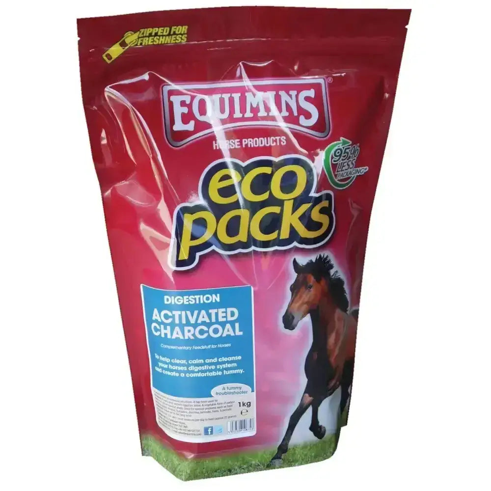 Red resealable pouch of equimins activated charcoal eco pack featuring a brown horse graphic and natural substance used since ancient egyptian times