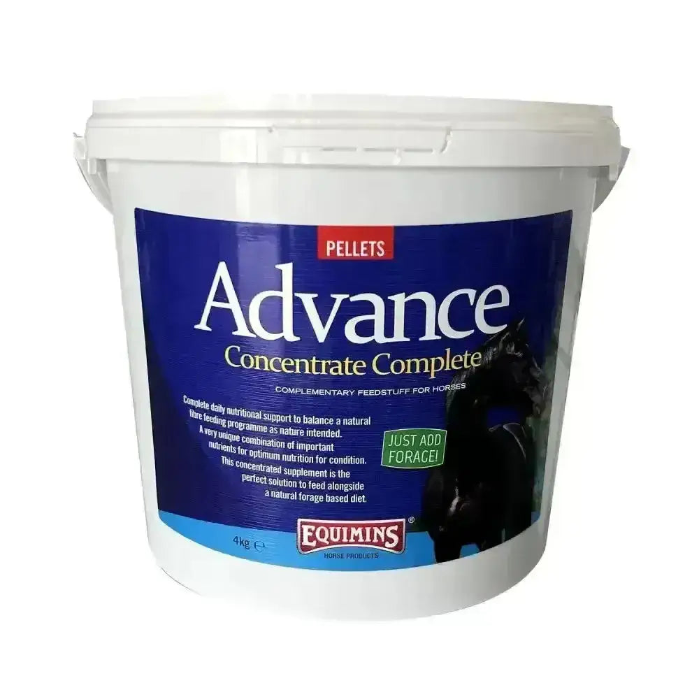 White plastic bucket containing equimins advance concentrate complete pellets for horse feed use