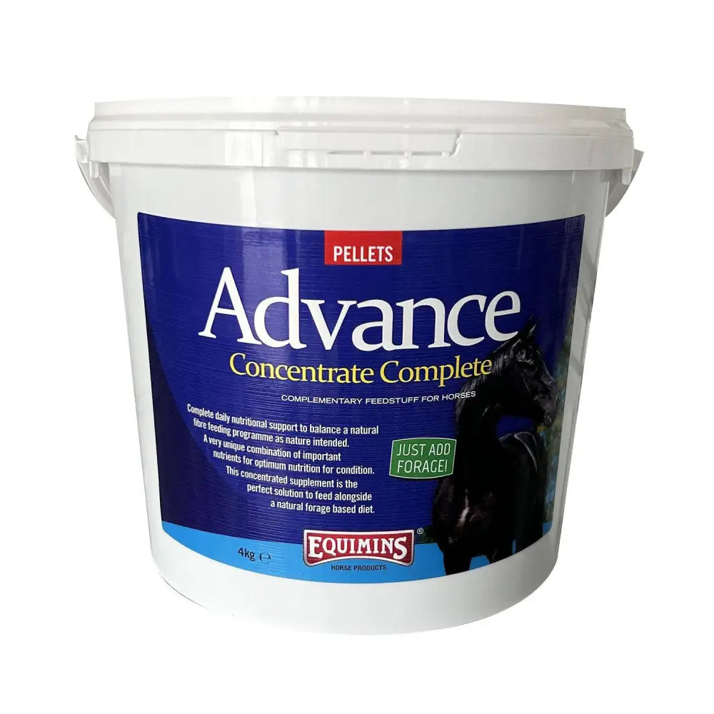 White plastic bucket of equimins advance concentrate complete pellets horse feed for balanced nutrition