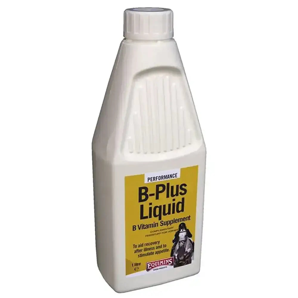 White plastic bottle of equimins b-plus liquid b vitamin supplement to stimulate appetite and aid recovery in horses