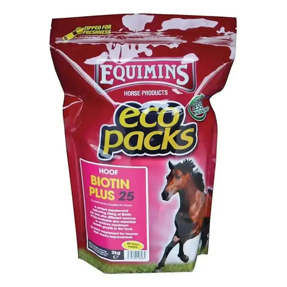 Red and pink resealable bag of equimins biotin 15 eco packs hoof biotin plus 25 horse hoof supplements with zinc methionate bound