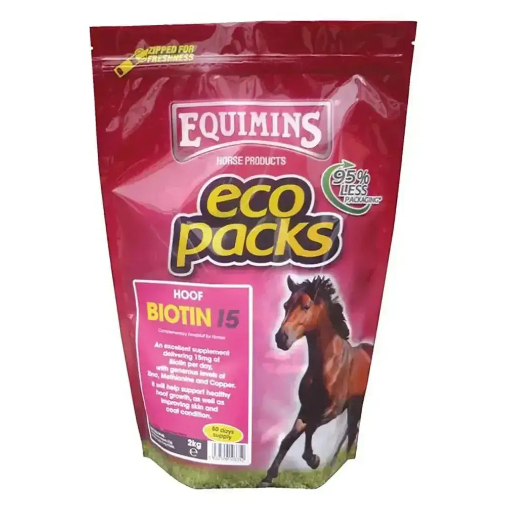 Red resealable pouch of equimins biotin 15 eco packs horse hoof supplements with zinc methionate bound for healthy hooves