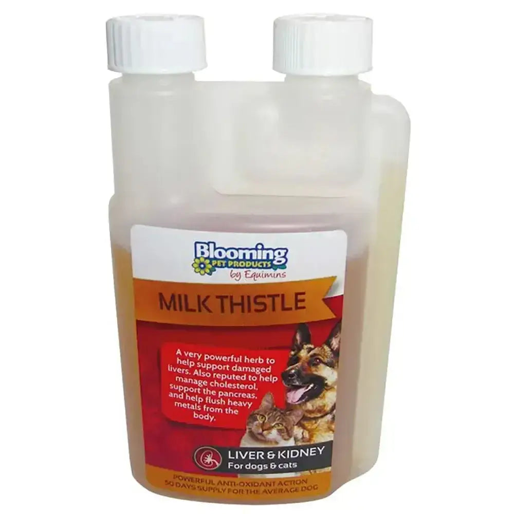 Clear plastic bottle with white cap labeled equimins blooming pet milk thistle liquid supplement for dogs and cats