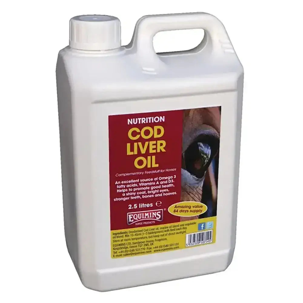 White plastic jug of equimins cod liver oil 2.5 litre container with handle and cap liver oil helps horses