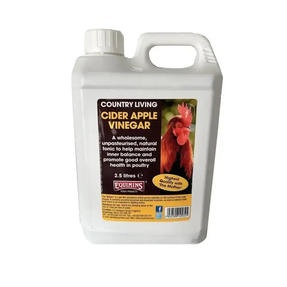 White plastic jug of equimins country living cider apple vinegar 2.5 litres with rooster label and brand logo