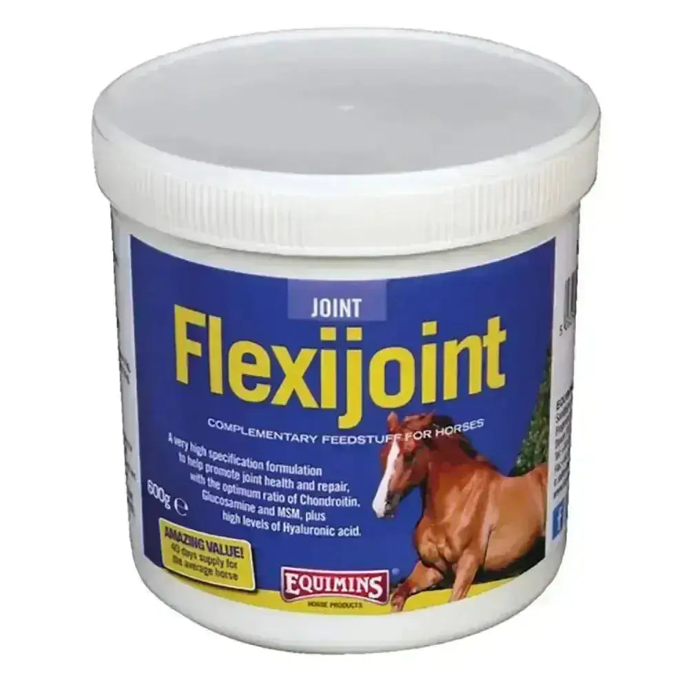 White plastic container with blue label featuring flexijoint for equimins flexijoint equine joint supplements aiding synovial fluid