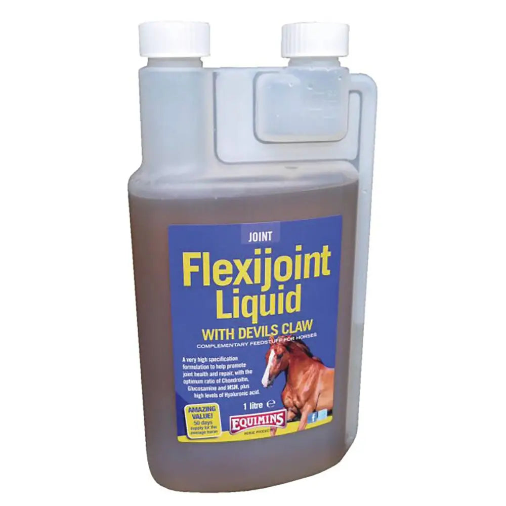A translucent plastic bottle with white cap and handle holding brown equimins flexijoint liquid horse supplement to support healthy cartilage
