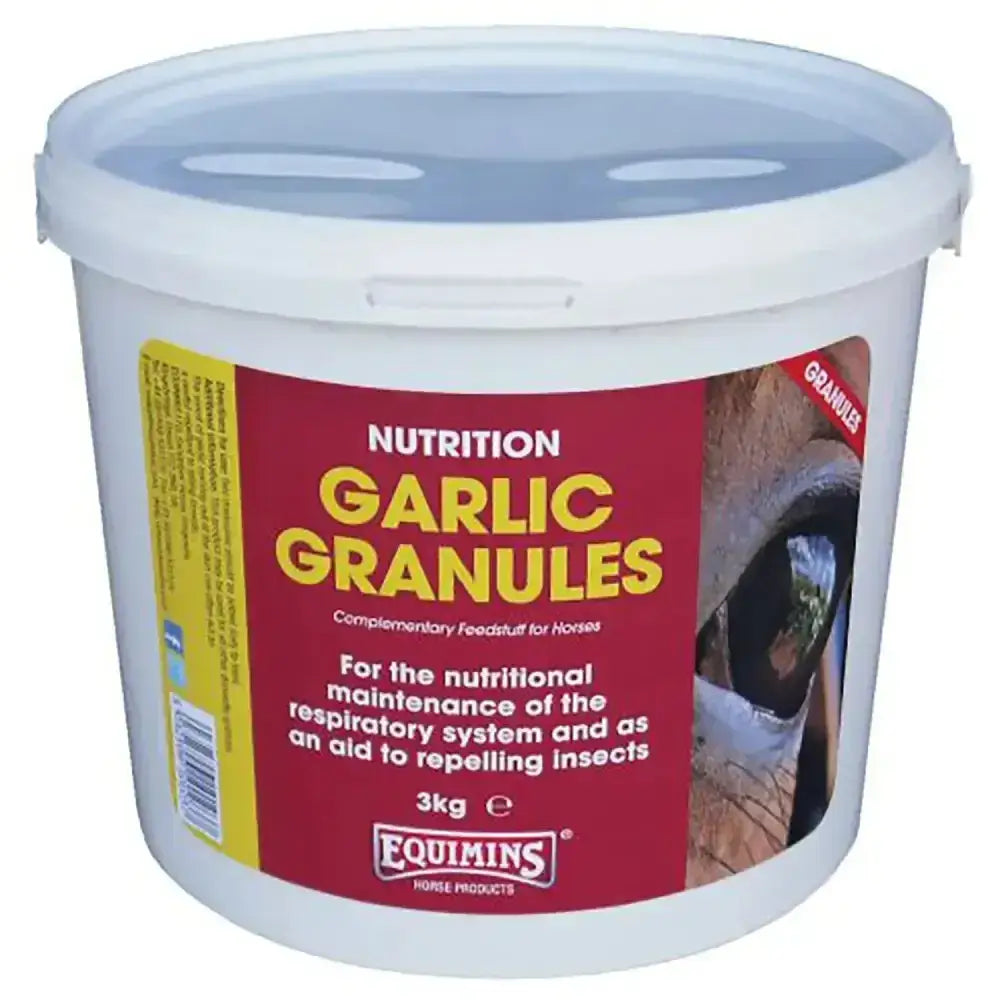 White plastic bucket with red and yellow equimins garlic granules label for 3kg horse supplements product
