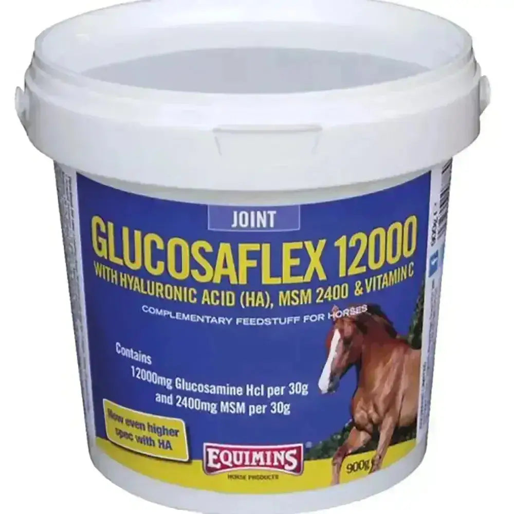 White plastic bucket of equimins glucosaflex 12000 joint supplement with glucosamine hcl for horse joint support