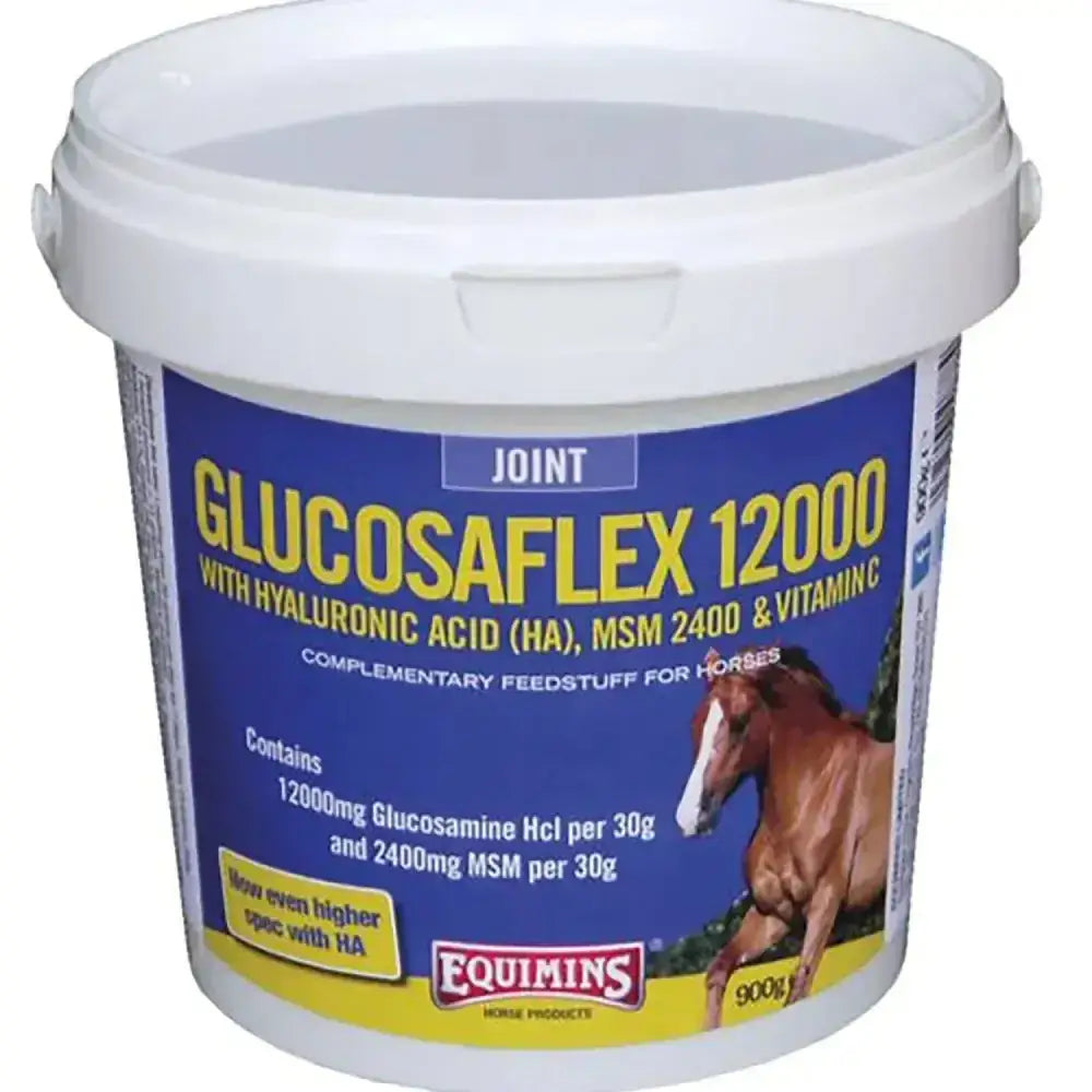 White plastic bucket with blue and yellow label of equimins glucosaflex 12000 joint supplement with glucosamine hcl