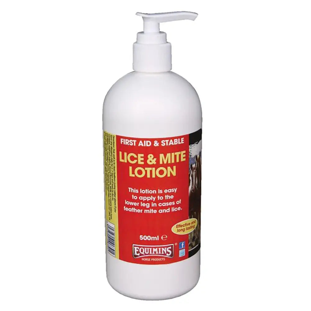 White plastic bottle with pump dispenser labeled equimins lice & mite lotion with strong herbal extract