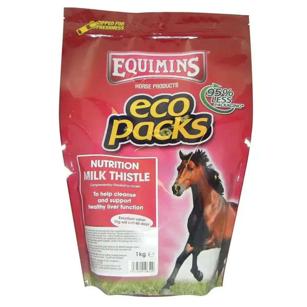 Red resealable equimins milk thistle pouch in 1kg to nutritionally support liver and maintain liver function in horses