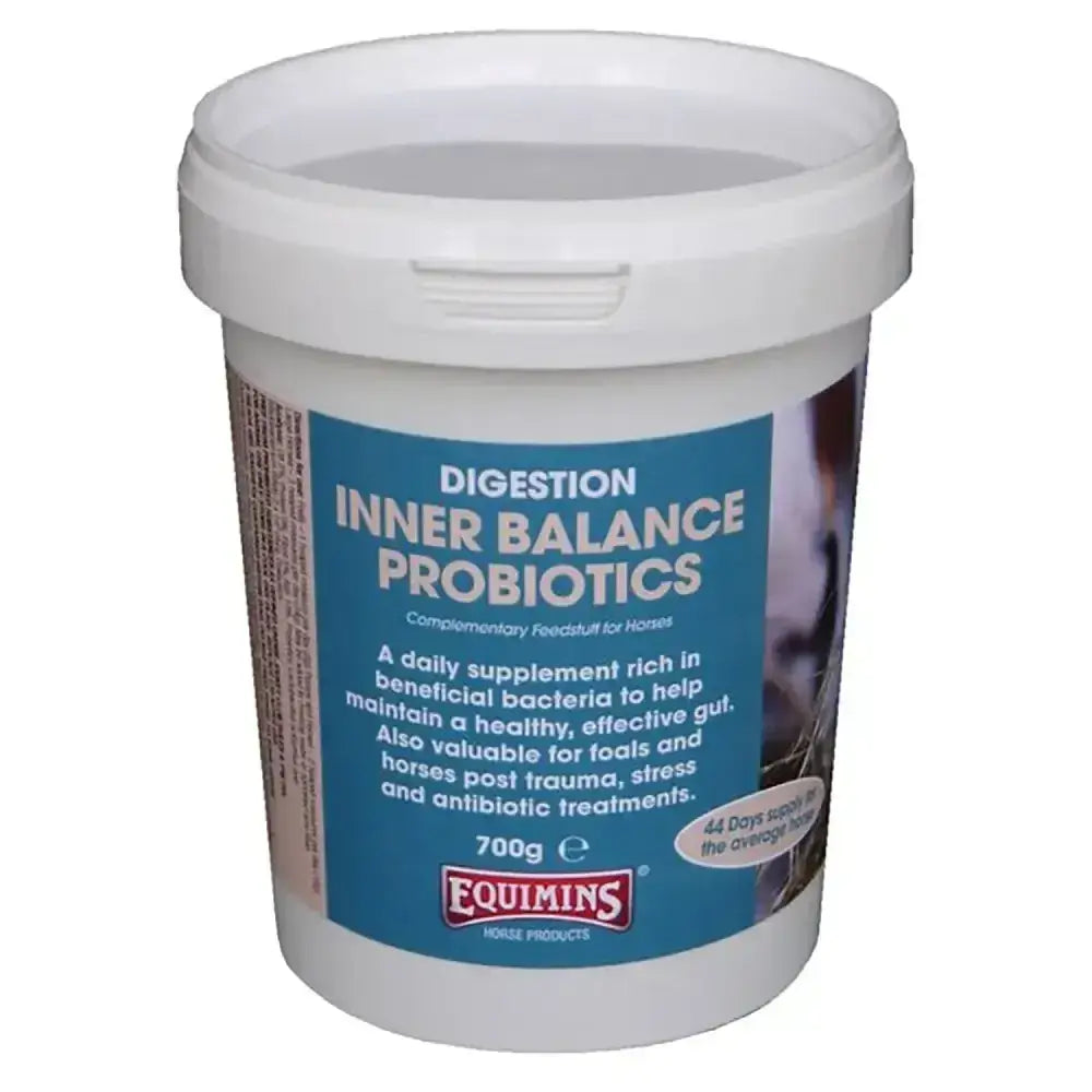 White plastic bucket of equimins probiotics with blue label for digestion inner balance gut balancers and lactobacillus acidophillus