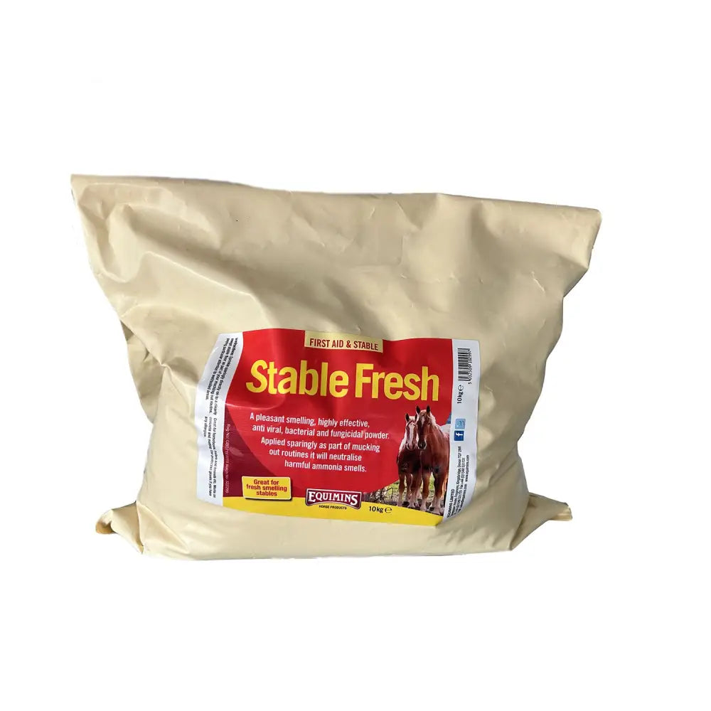 A beige 10kg bag of equimins stable disinfectant fresh powder with red and yellow label to remove ammonia smells