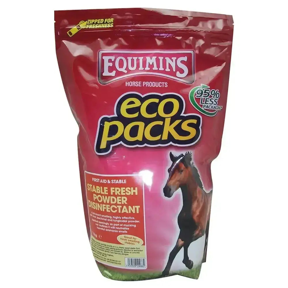 Red and pink resealable pouch of equimins stable disinfectant fresh powder with horse graphic to remove ammonia smells