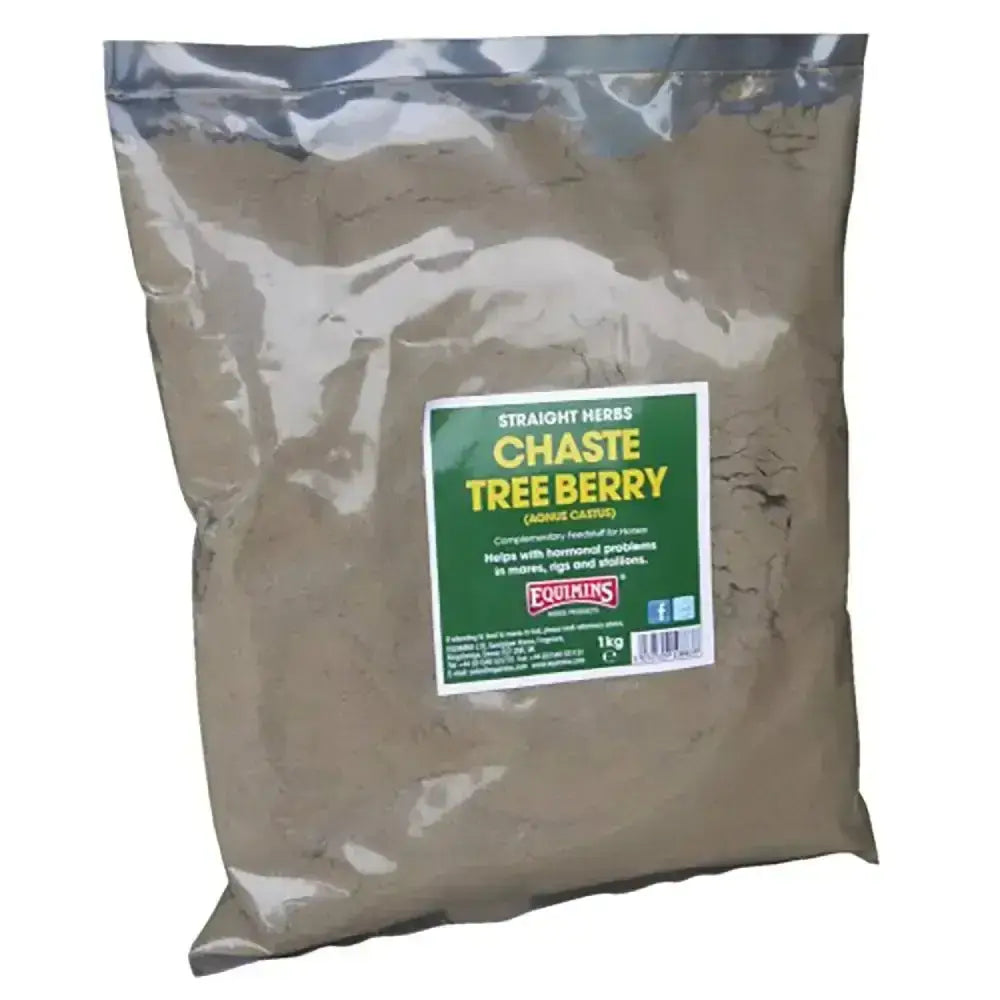A 1kg clear pouch of equimins straight herbs chaste tree berry powder with green and white label for horse health