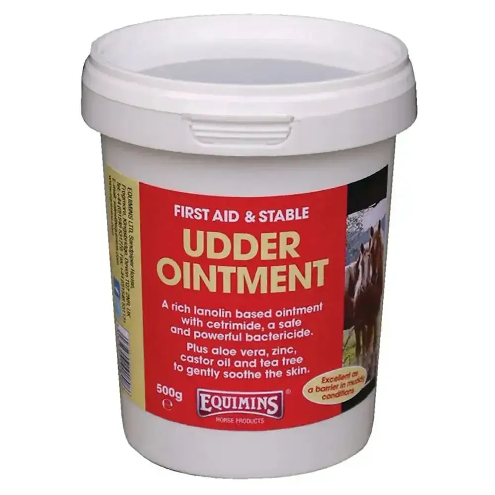 White plastic tub of equimins udder ointment with red label lanolin-based safe bacteriostat for horse care