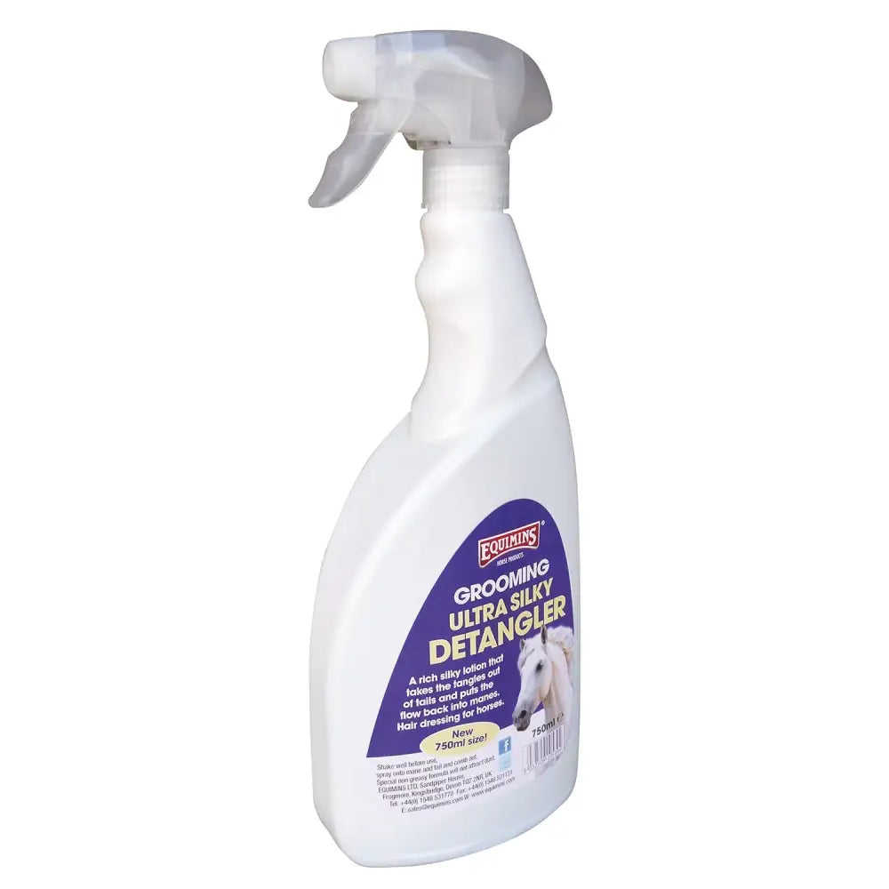 White plastic spray bottle equimins ultra silky detangler for easy detangling manes and horse hair care