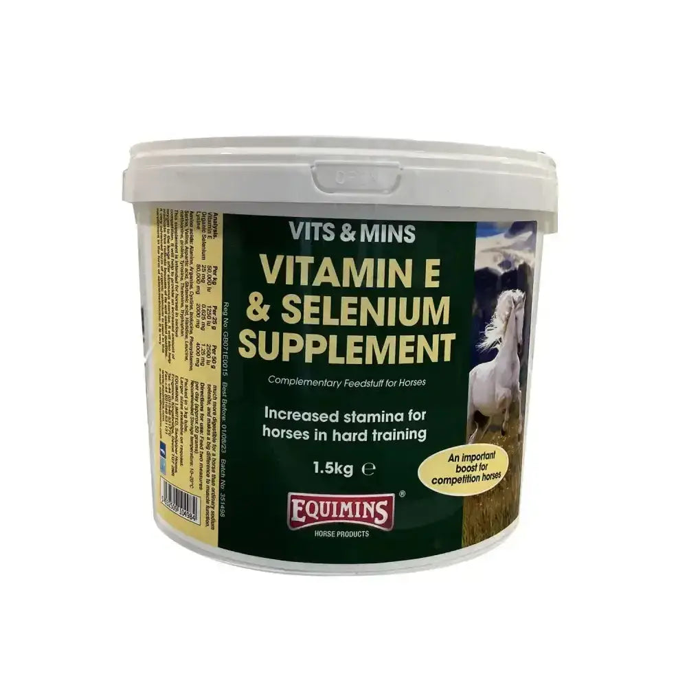 White plastic tub of equimins vitamin e and organic selenium horse vitamins supplement for equine health