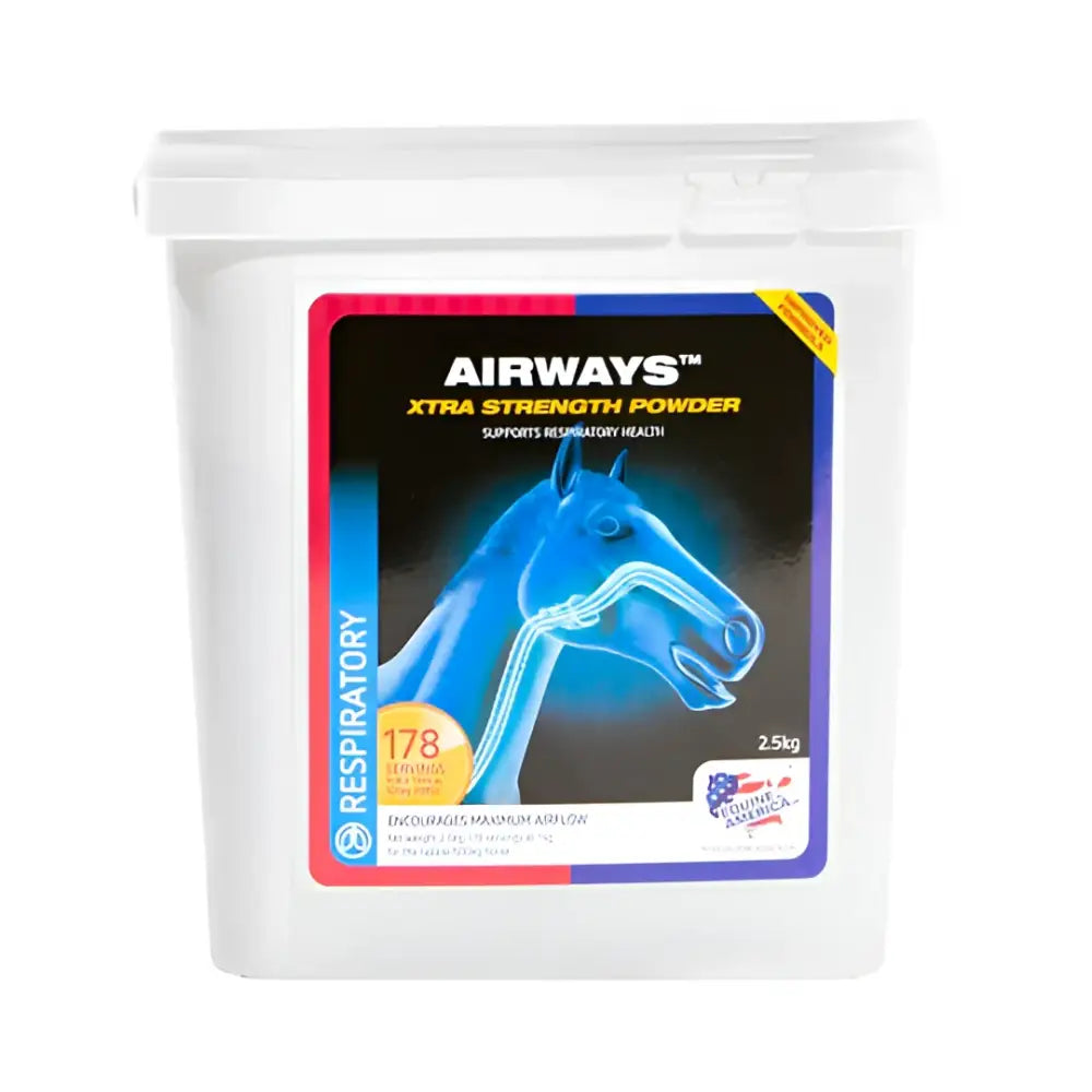White plastic container of equine america airways xtra strength powder with blue glowing horse for respiratory health and essential oils