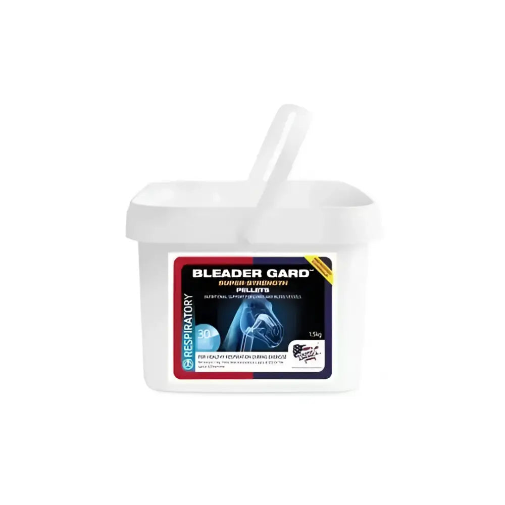 White plastic container with handle labeled equine america bleader gard super strength pellets for respiratory support